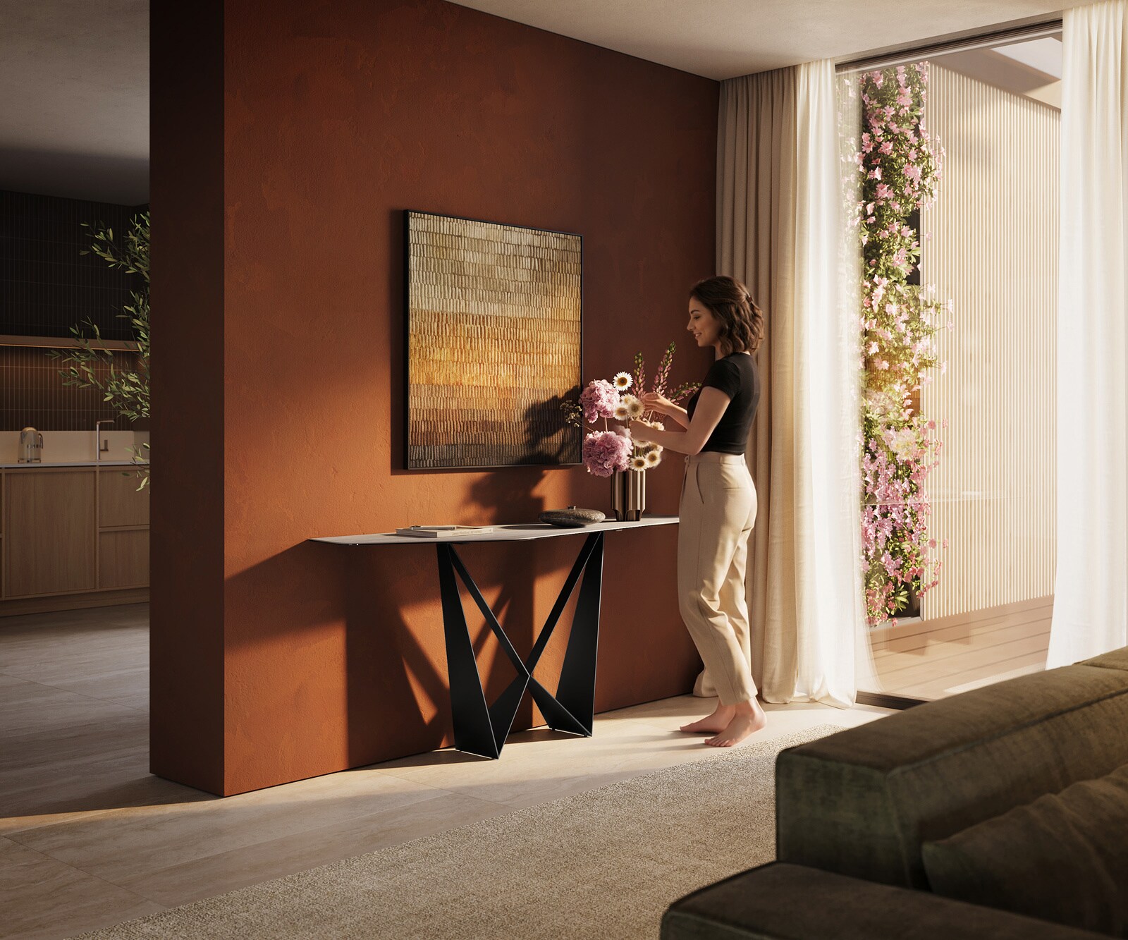 Console Edge Polygonal 180x50 cm Céramique Laminam® Travertino Bianco Creme-Weiß Spios Métal Noir 6