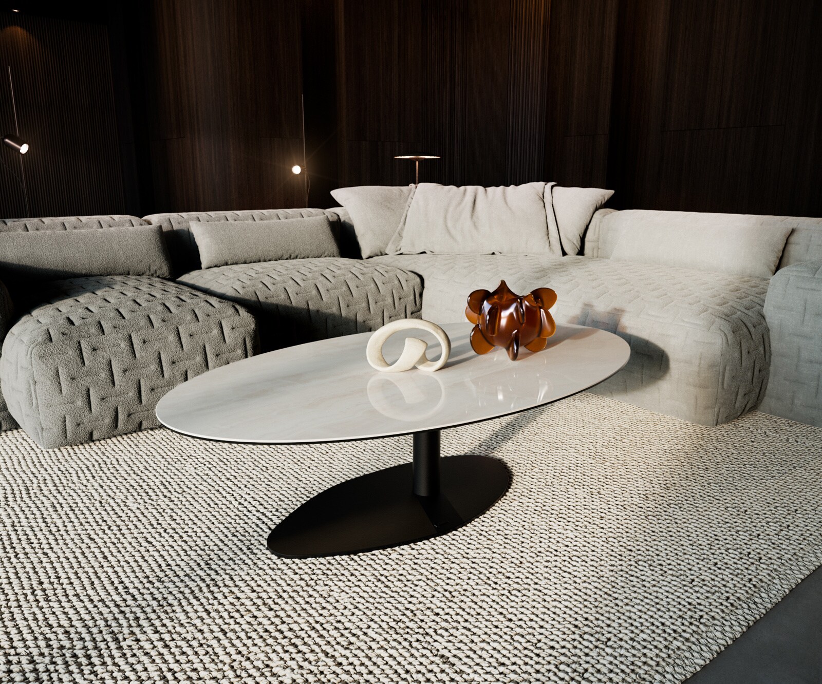 Table basse Edge ovale 140x80 cm céramique Onyx Champagne Vibany métal noir