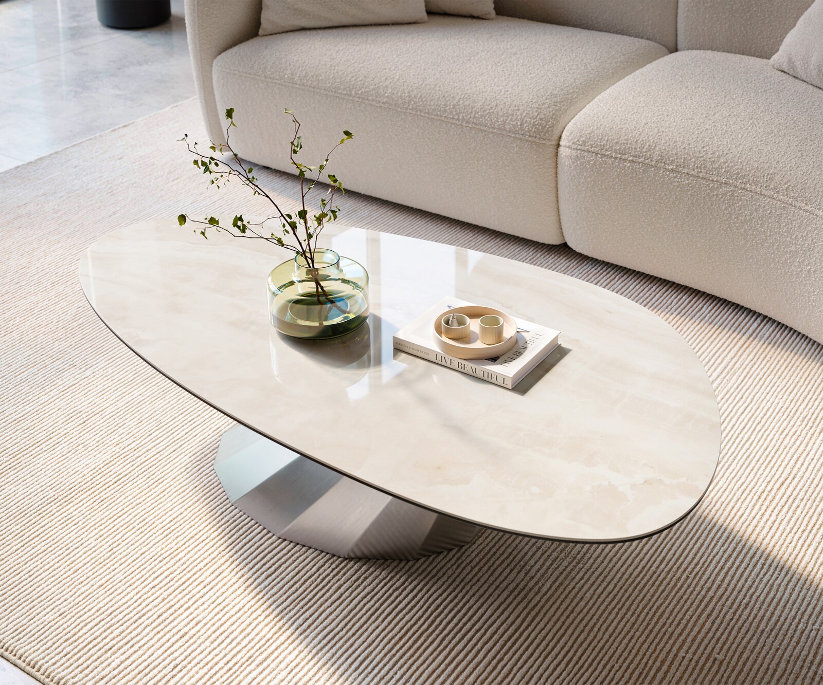 Table basse Edge ovale 140x75 cm céramique Onyx Champagne Parabi acier inoxydable brossé 1