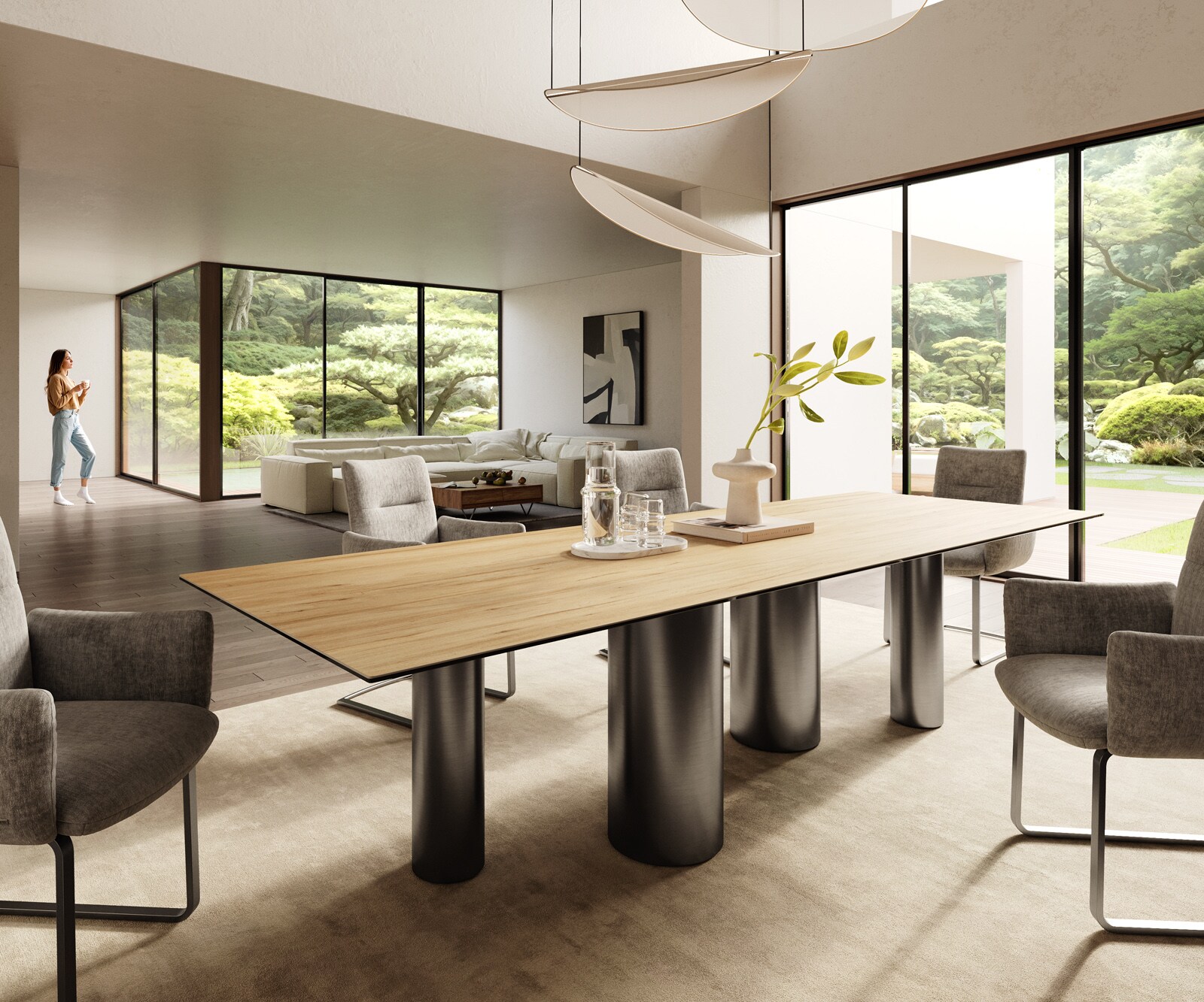 Table à manger Edge 300x100 Céramique Laminam® Sabbia Couleur chêne Pilier Acier inoxydable Graphite 1