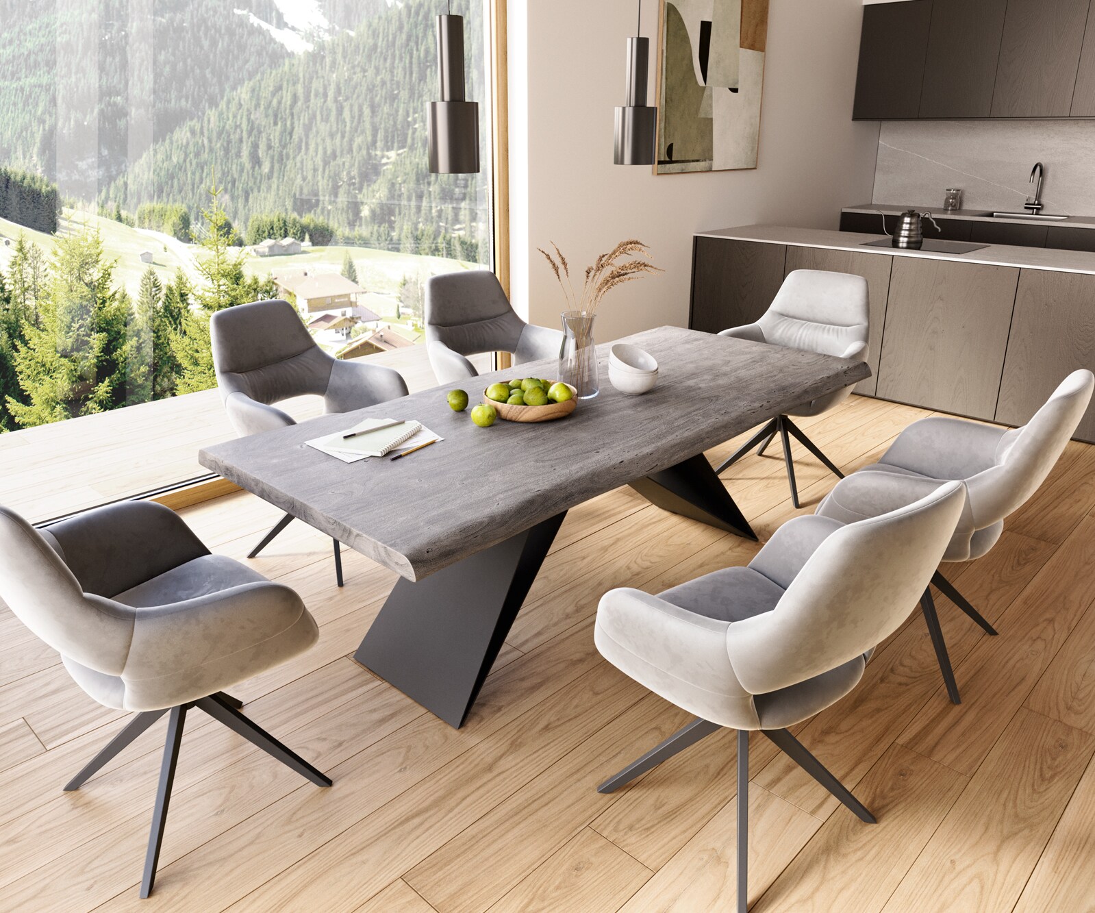 Esstisch Edge 220x100 XL Akazie Platin V-Gestell Flachstahl Schwarz Live-Edge 6