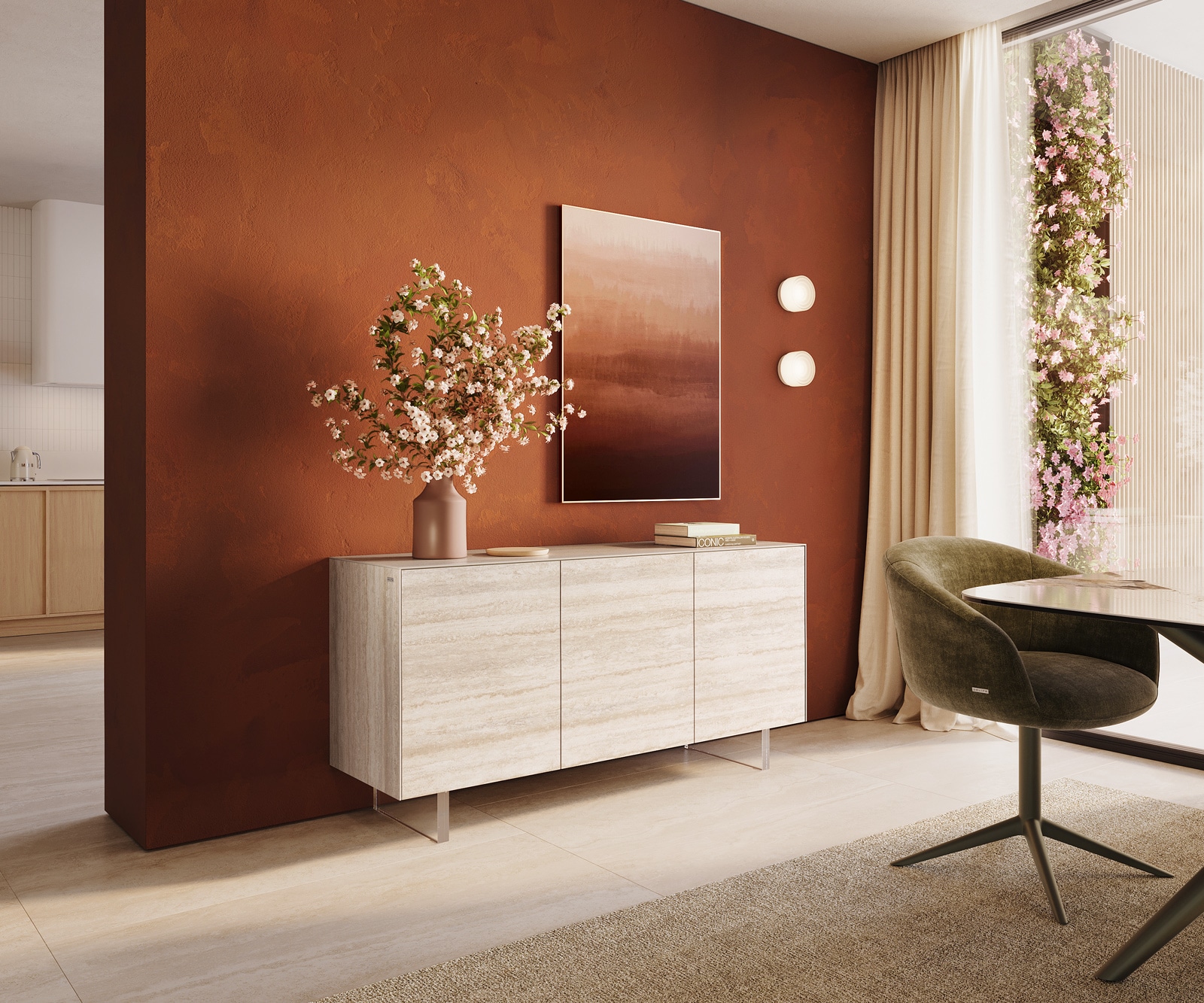 Buffet Cuor 150 cm Céramique Laminam® Travertino Bianco Crème-blanc 3 Portes Pied optique flottant Verre acrylique Buffet Cuor 150 cm Céramique Laminam® Travertino Bianco Crème-blanc 3 Portes Pied optique flottant Verre acrylique