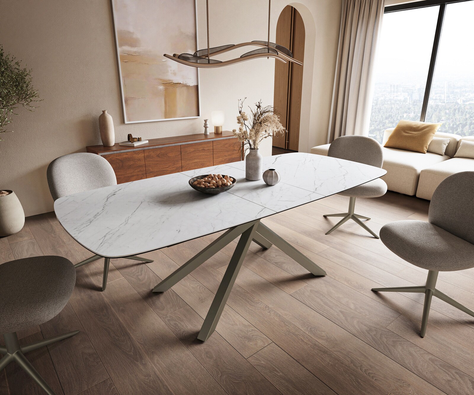 Esstisch Edge Boot 180-220x100 cm Keramik Laminam® Statuarietto Weiß Kreuzgestell Rechteck Effektfinish Titan ausziehbar