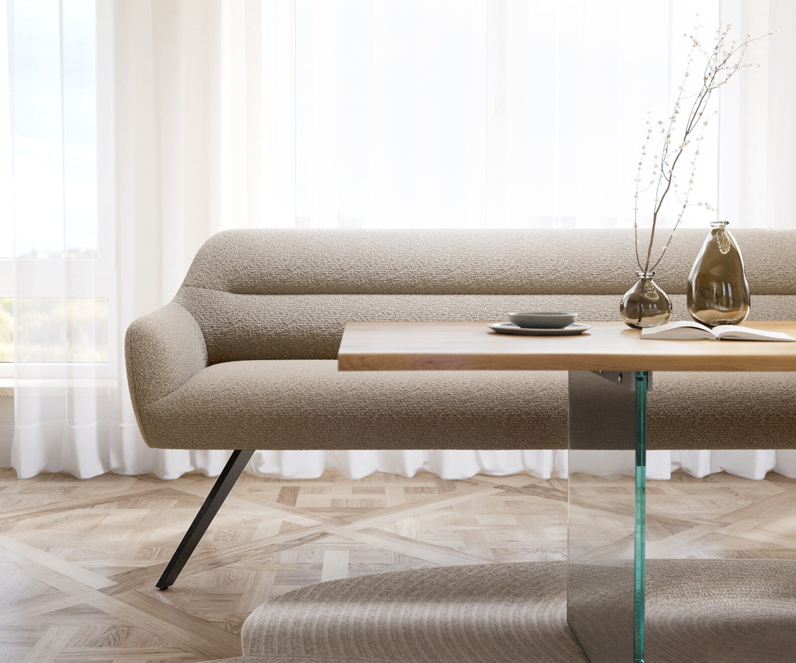 Esszimmerbank Taya-Flex 200 cm Bouclé Schlamm Kreuzgestell kantig Graphit Taschenfederkern 1