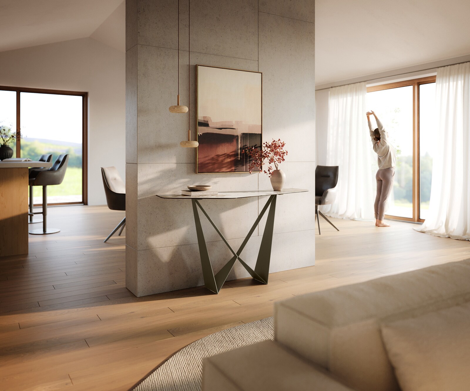 Konsolentisch Edge Polygonal 140x50 cm Keramik Minas Melange Weiß-Beige Spios Metall Effektfinish Titan 7