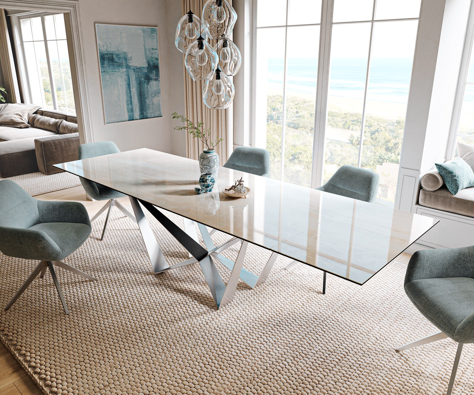 Esstisch Edge 200-300x100 cm Keramik Onyx Champagne Spider Flachstahl Edelstahl ausziehbar