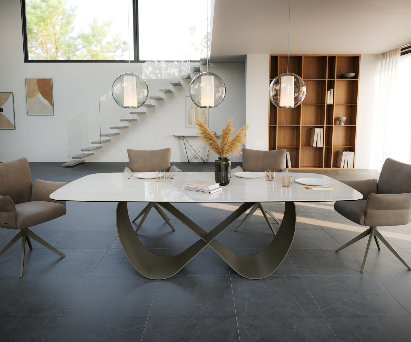 Table à manger Edge Boot 240x120 cm Céramique Onyx Champagne Infinity Métal Finition effet Titan 2