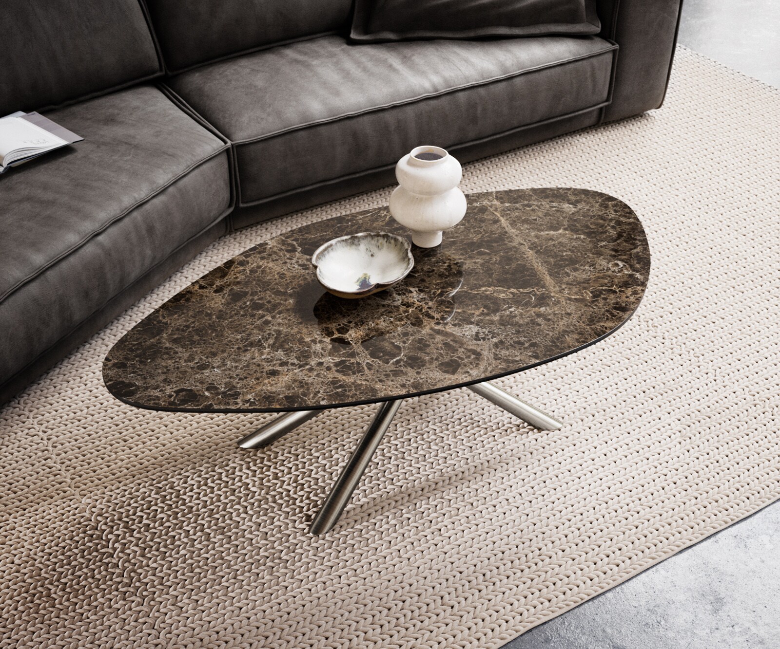 Couchtisch Edge Organisch 140x76 cm Keramik Emperador Extra Lucidato Dunkelbraun Sarity Edelstahl gebürstet 4