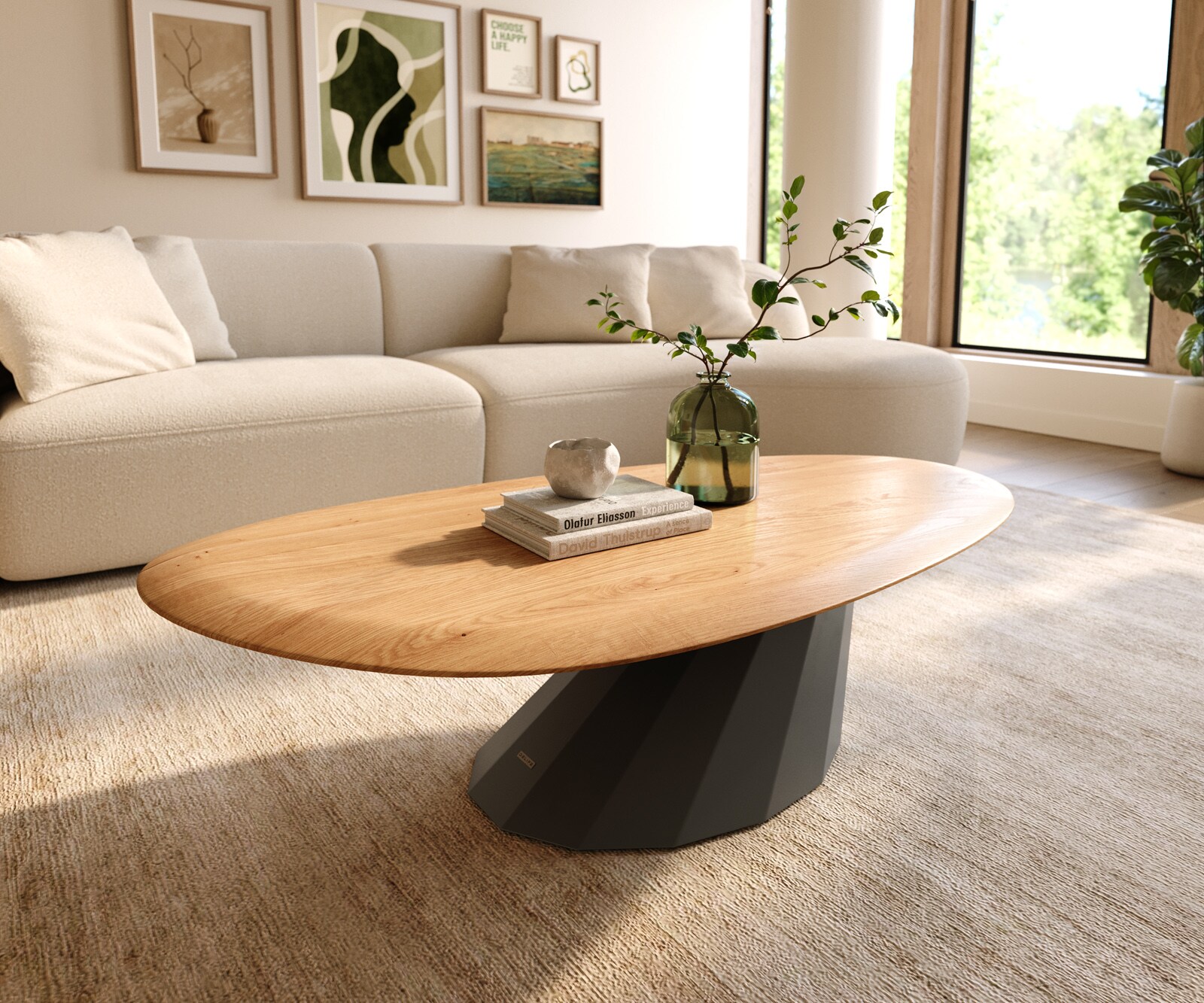 Table basse Edge Oval 140x75 cm chêne naturel bord arrondi Parabi acier inoxydable brossé 1