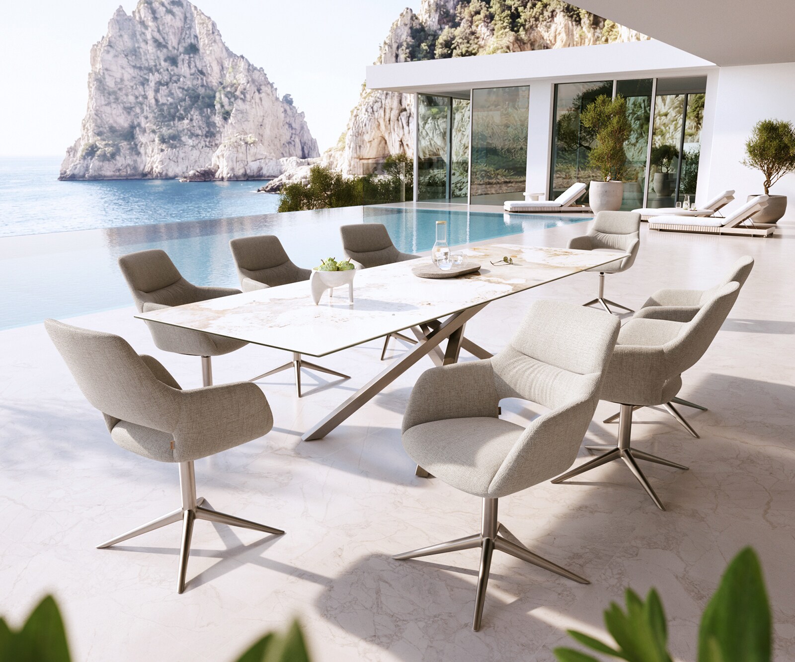 Chaise-d'extérieur Yago-Flex avec accoudoirs tissu texturé gris-blanc pied de chaise 4 branches acier inoxydable pivotement sur 360° fonction bascule 3