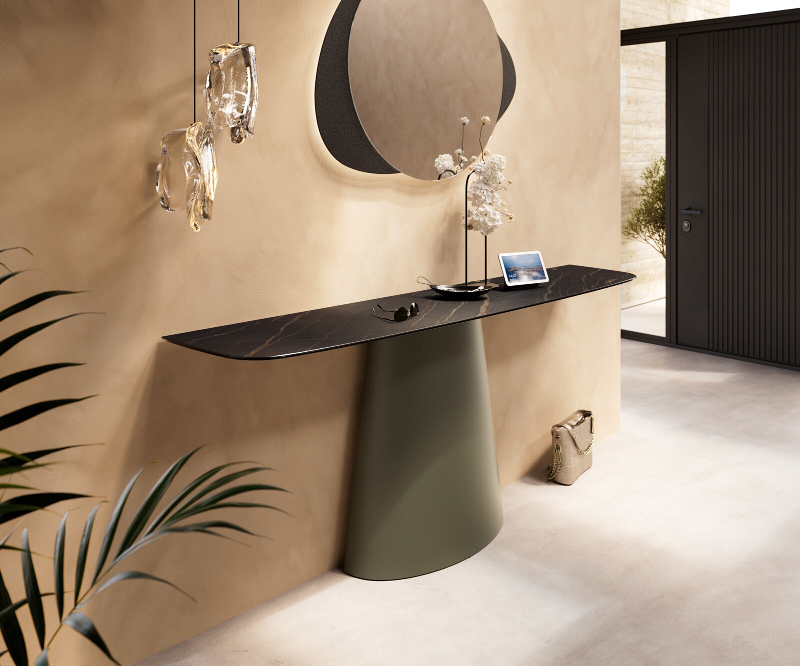 Console Edge forme bateau 180x40 cm Céramique Laminam® Noir Desir Braun Conos Métal Effektfinish Titan