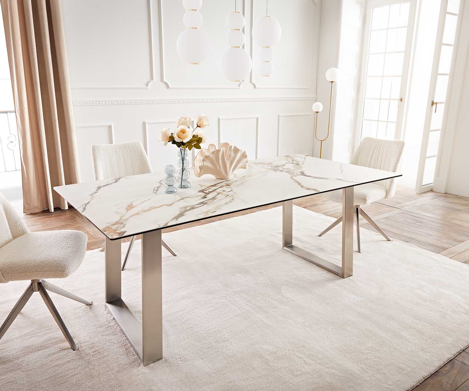 Esstisch Edge 200x100 Keramik Calacatta Luxe Weiß-Gold-Grau Edelstahl Schmal 1 Esstisch Edge 200x100 Keramik Calacatta Luxe Weiß-Gold-Grau Edelstahl Schmal 1