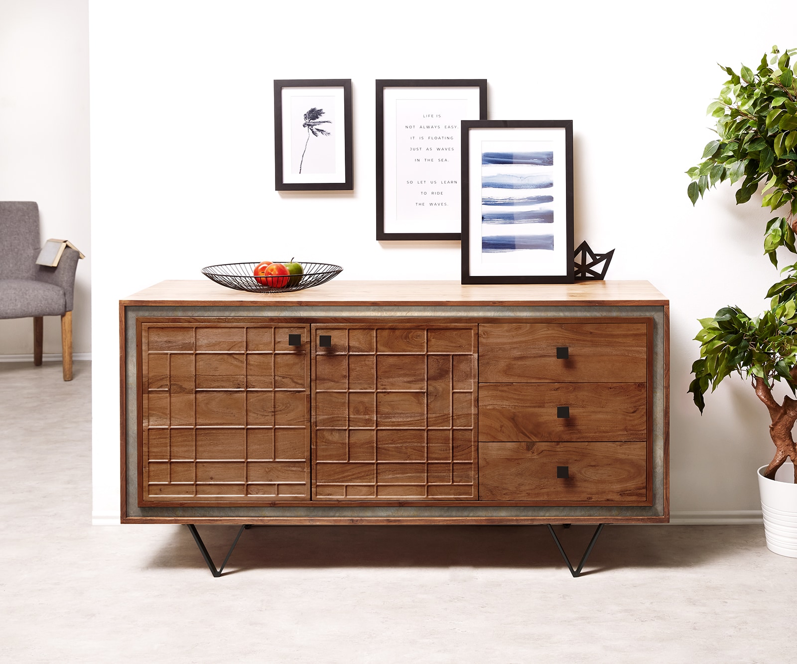 Sideboard Stonegrace 150 cm Akazie Braun 3D 2 Türen 3 Schubladen V-Fuß Schwarz 1 Sideboard Stonegrace 150 cm Akazie Braun 3D 2 Türen 3 Schubladen V-Fuß Schwarz 1