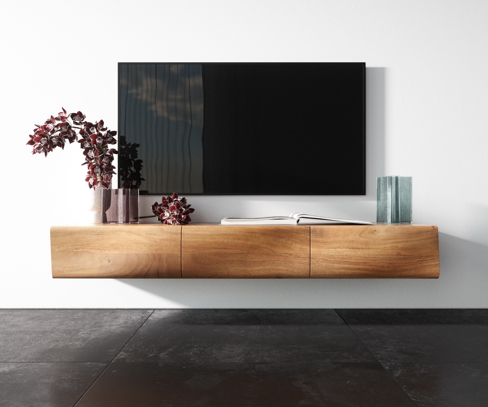 Meuble-TV New Live-Edge 145 cm acacia naturel 3 portes flottantes 3 Meuble-TV New Live-Edge 145 cm acacia naturel 3 portes flottantes 3