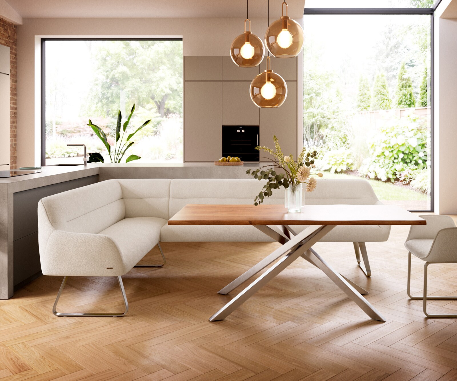 Banc-de-salle-à-manger Taya-Flex 285x190 cm bouclé crème-blanc châssis à patins plat acier inoxydable ressort ensaché à droite 1