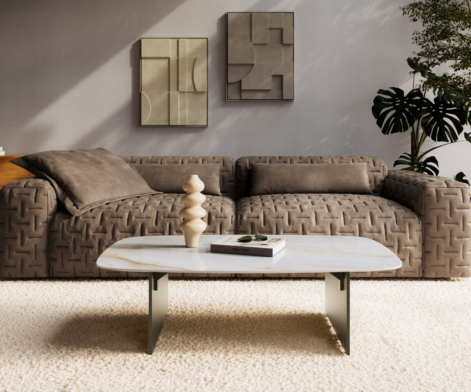 Couchtisch Edge Boot 120x70 cm Keramik Onyx Pearl Salto Metall Effektfinish Titan 1