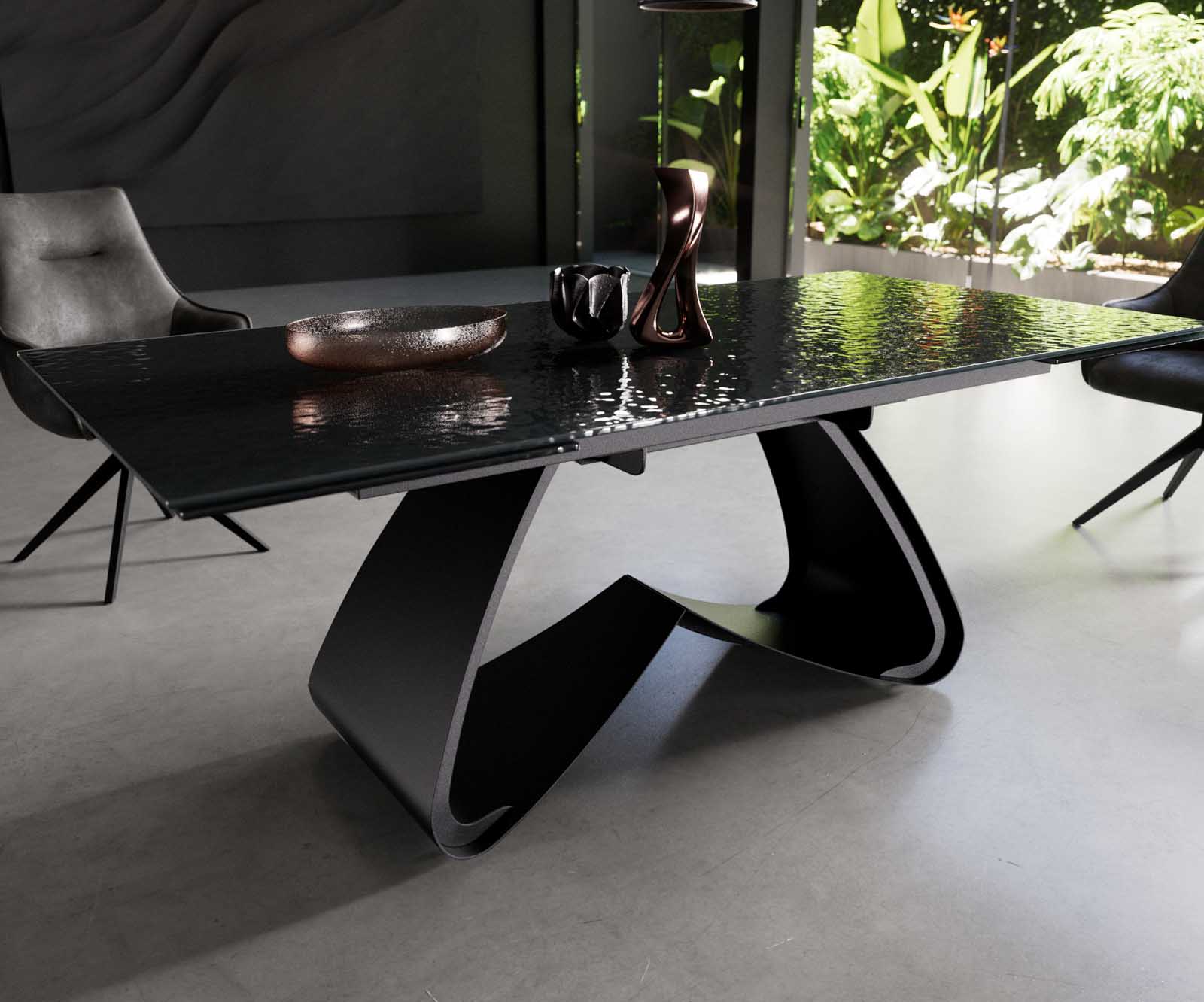 Table à manger Edge 200-300x100 verre fondu noir fumé relief en 3D cadre en W noir extensible 4