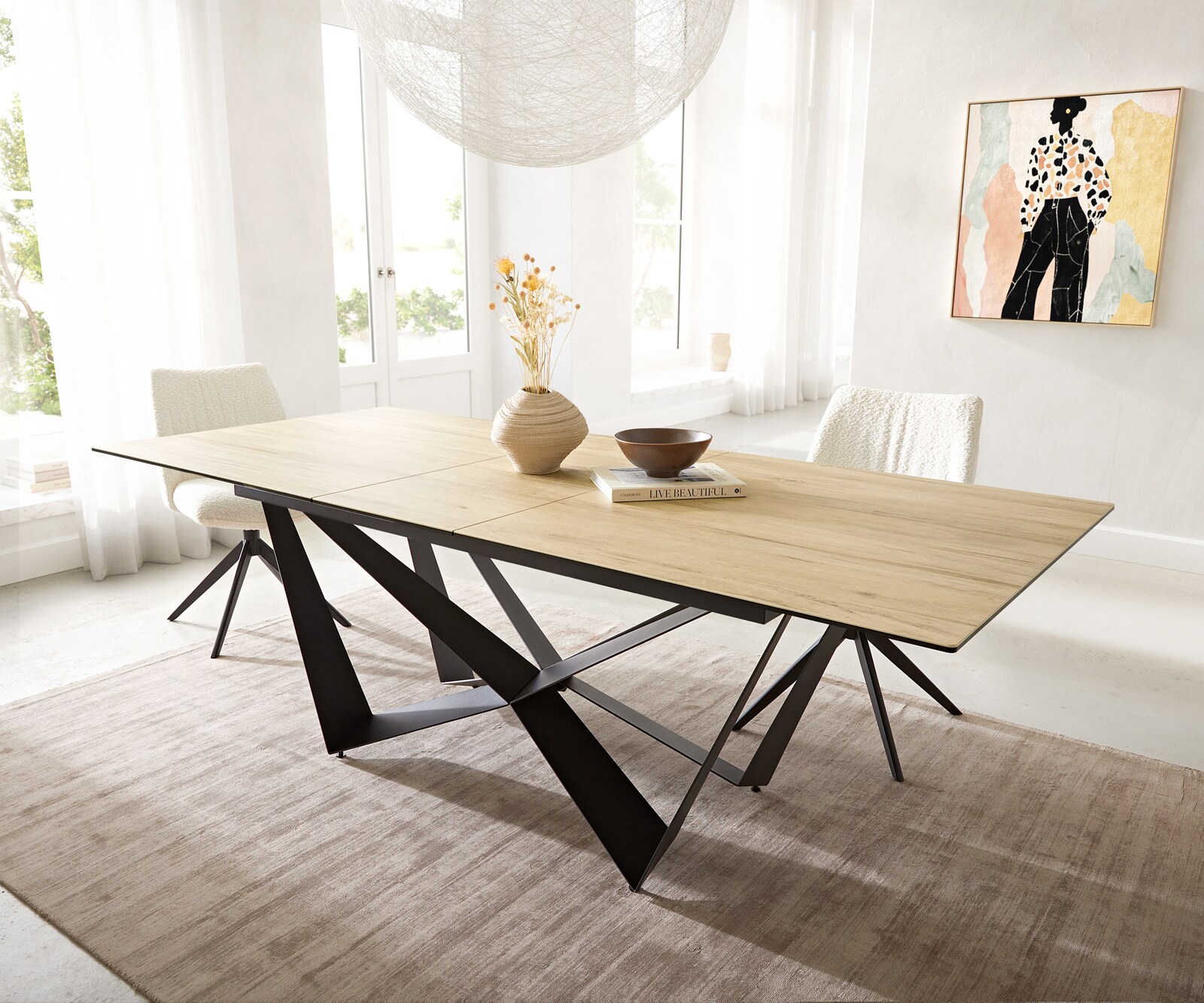 Table à manger Edge 180-220x100 céramique Laminam® Sabbia couleur chêne Spider acier plat noir extensible 2