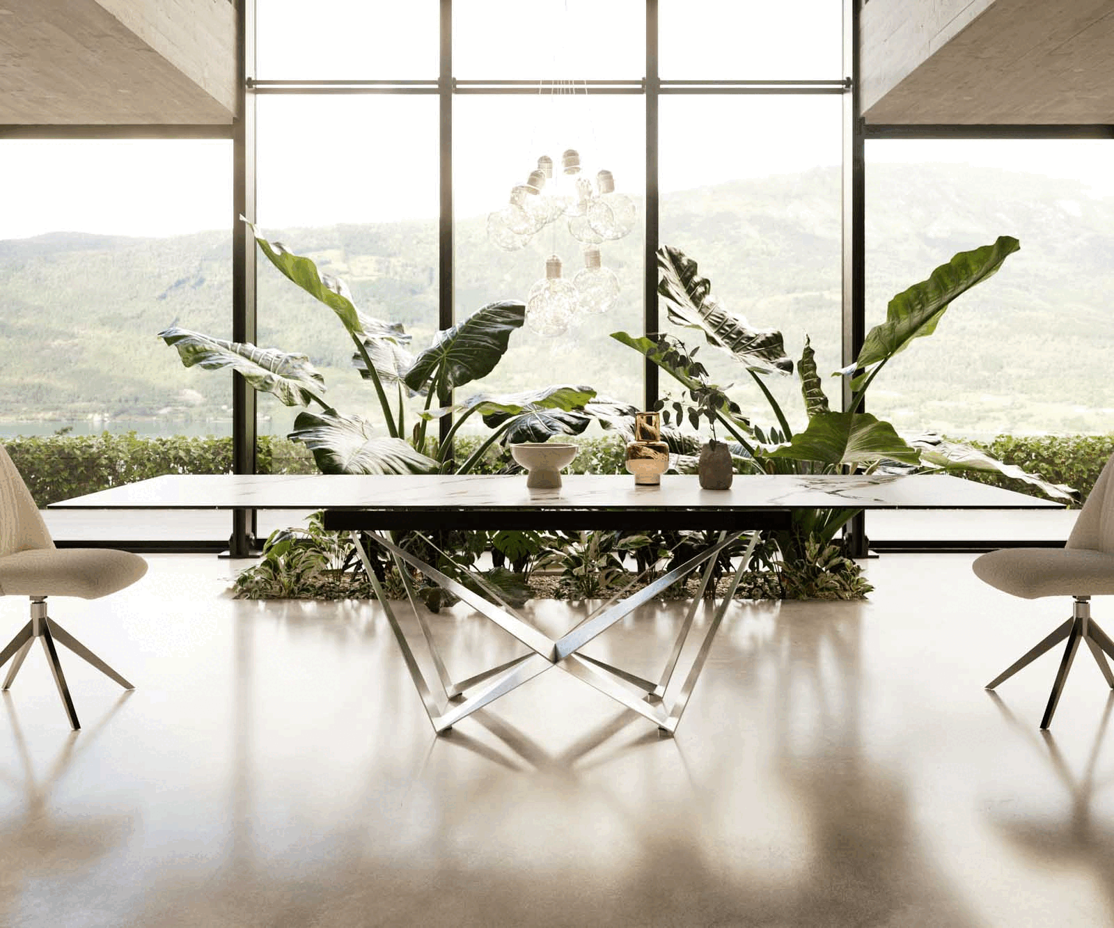 Esstisch Edge 200-300x100 Keramik Calacatta Luxe Weiß-Gold-Grau Spider Flachstahl Edelstahl ausziehbar 1