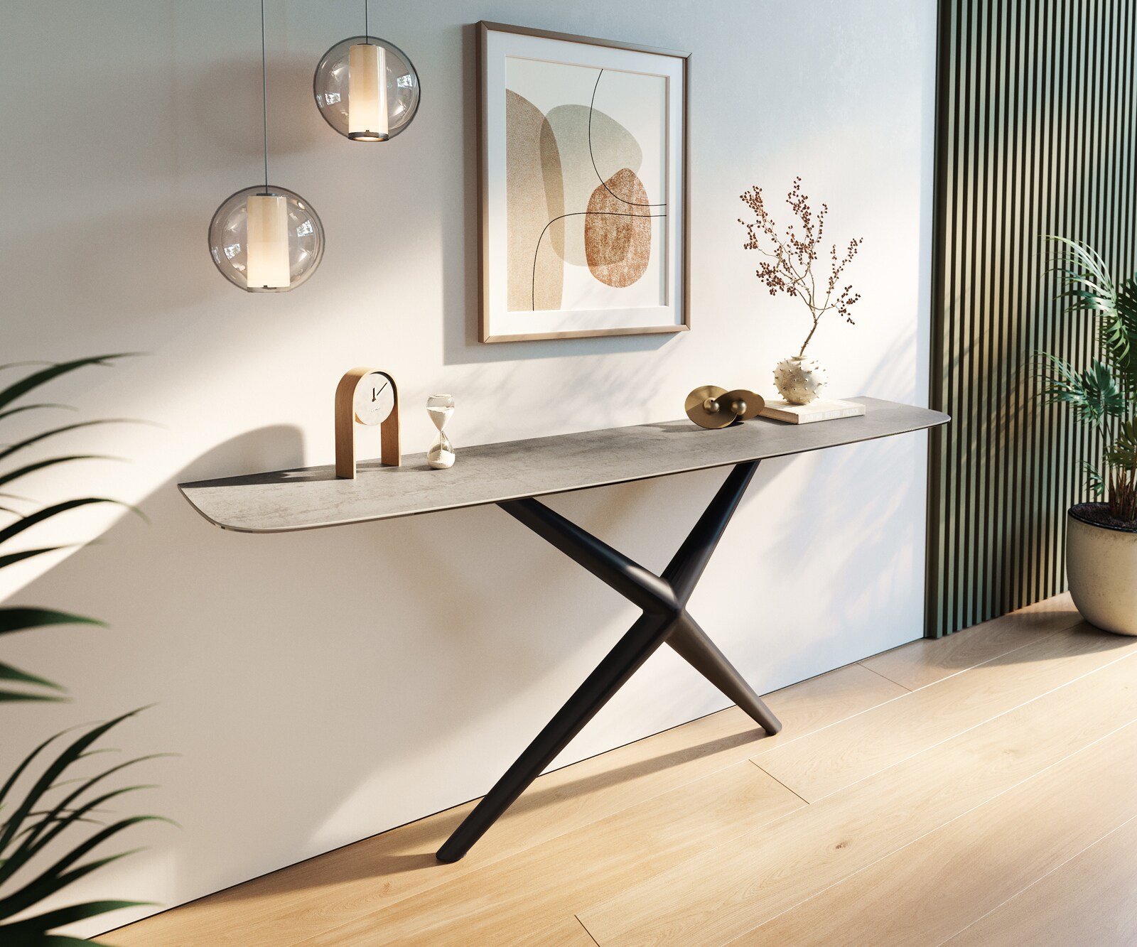 Console Edge forme bateau 180x40 cm Céramique Gris béton Conos Métal Noir 4