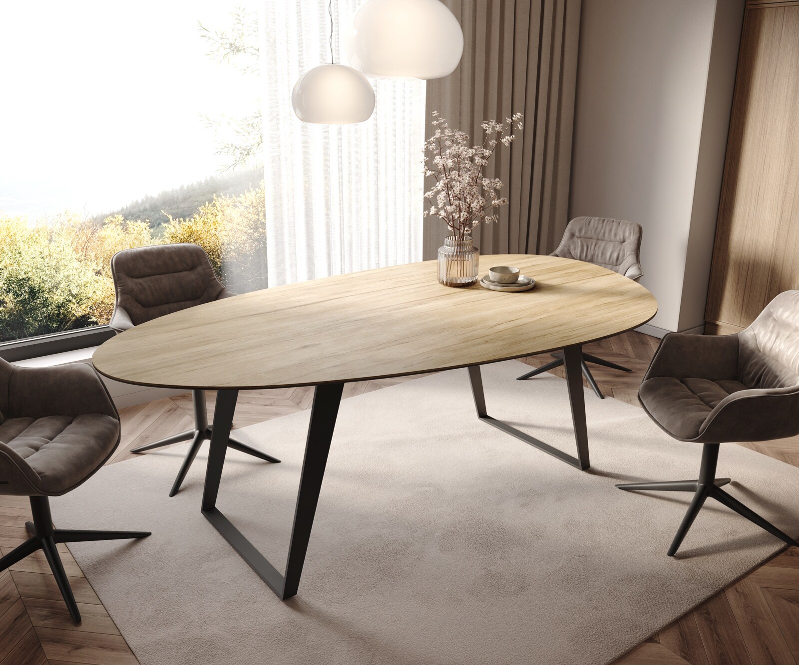 Table à manger Edge Oval 220x120 cm Céramique Laminam® Sabbia couleur chêne Métal Oblique Noir