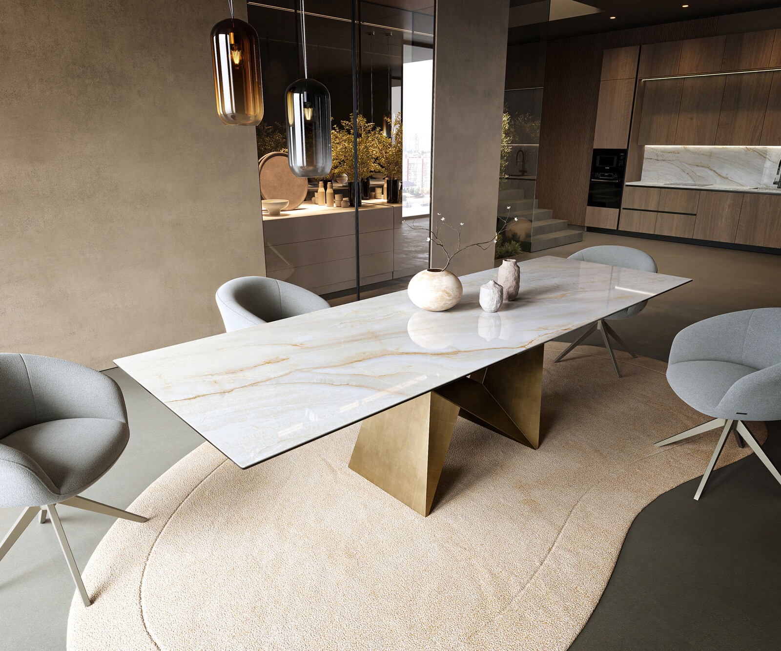 Esstisch Edge 300x100 cm Keramik Onyx Pearl Origami Metallic Gold