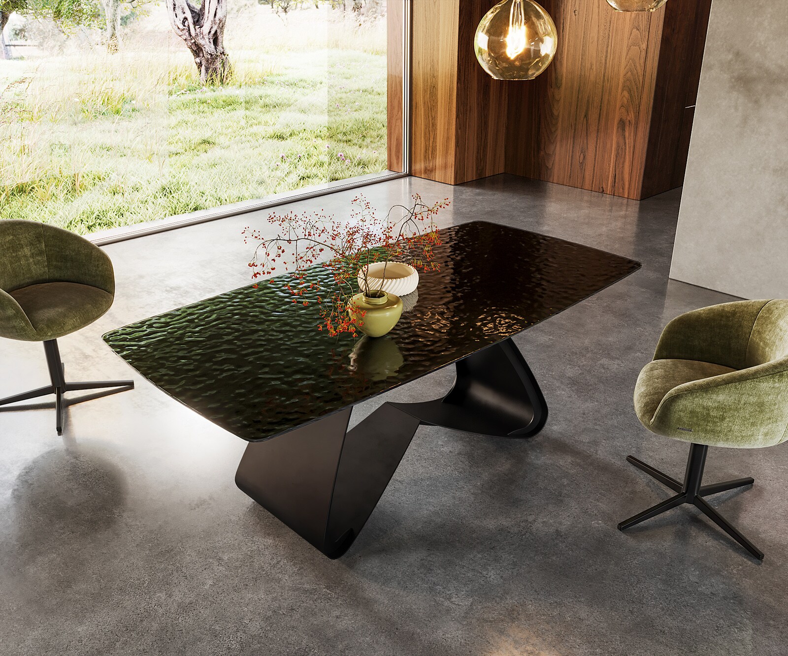 Table à manger Edge Boot 200x100 verre en relief noir 3D-Design cadre en W métal noir