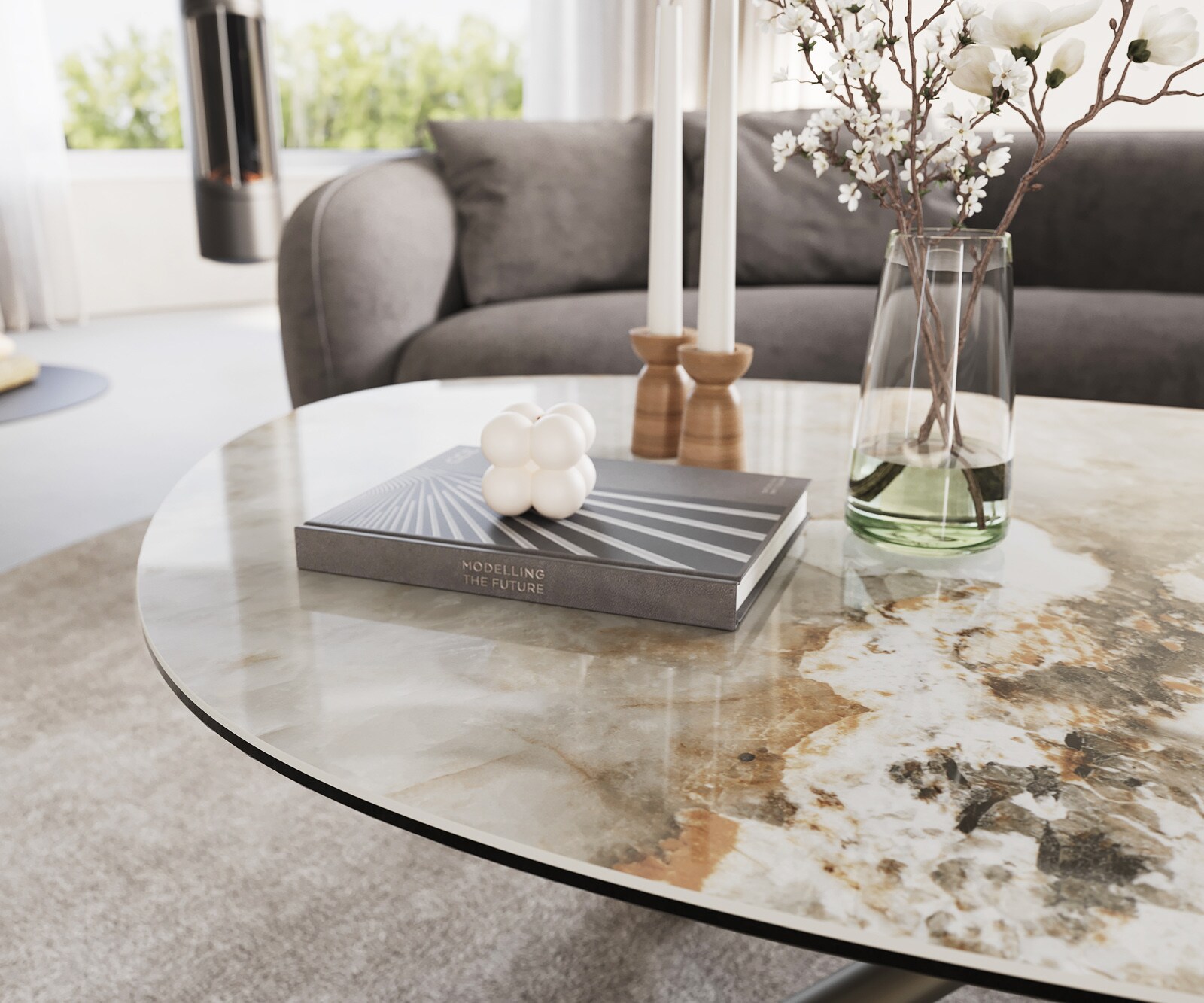 Table basse Edge Oval 140x75 cm céramique Minas Melange Sarity Metall finition effet titane 5