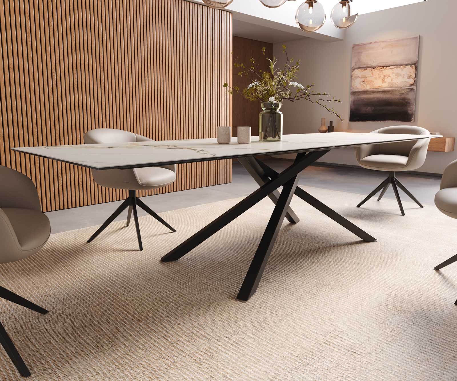Esstisch Edge 300x100 Keramik Calacatta Luxe Weiß-Gold-Grau Kreuzgestell Rechteck Schwarz 7