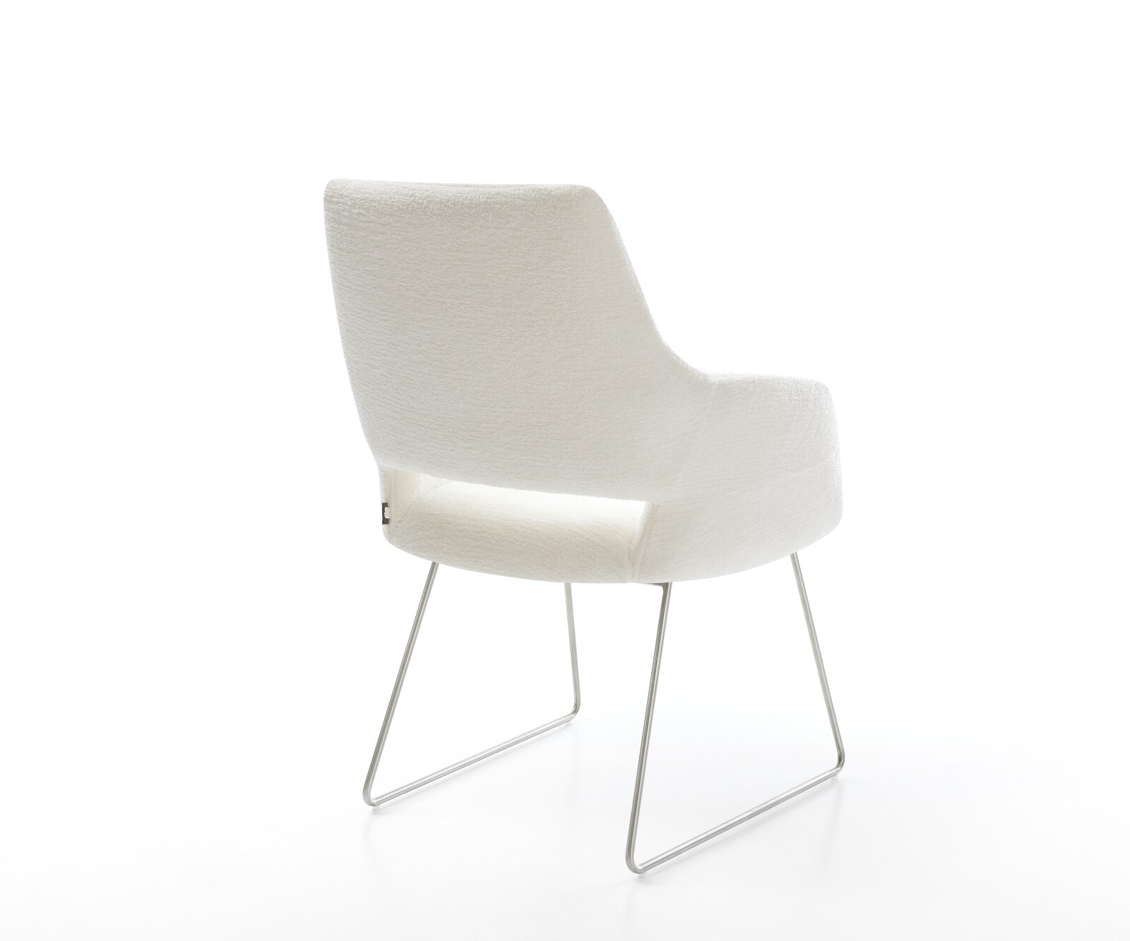 Chaise-de-salle-à-manger Yago-Flex avec accoudoirs bouclé doux beige pied trapèze acier inoxydable resorts ensachés 5