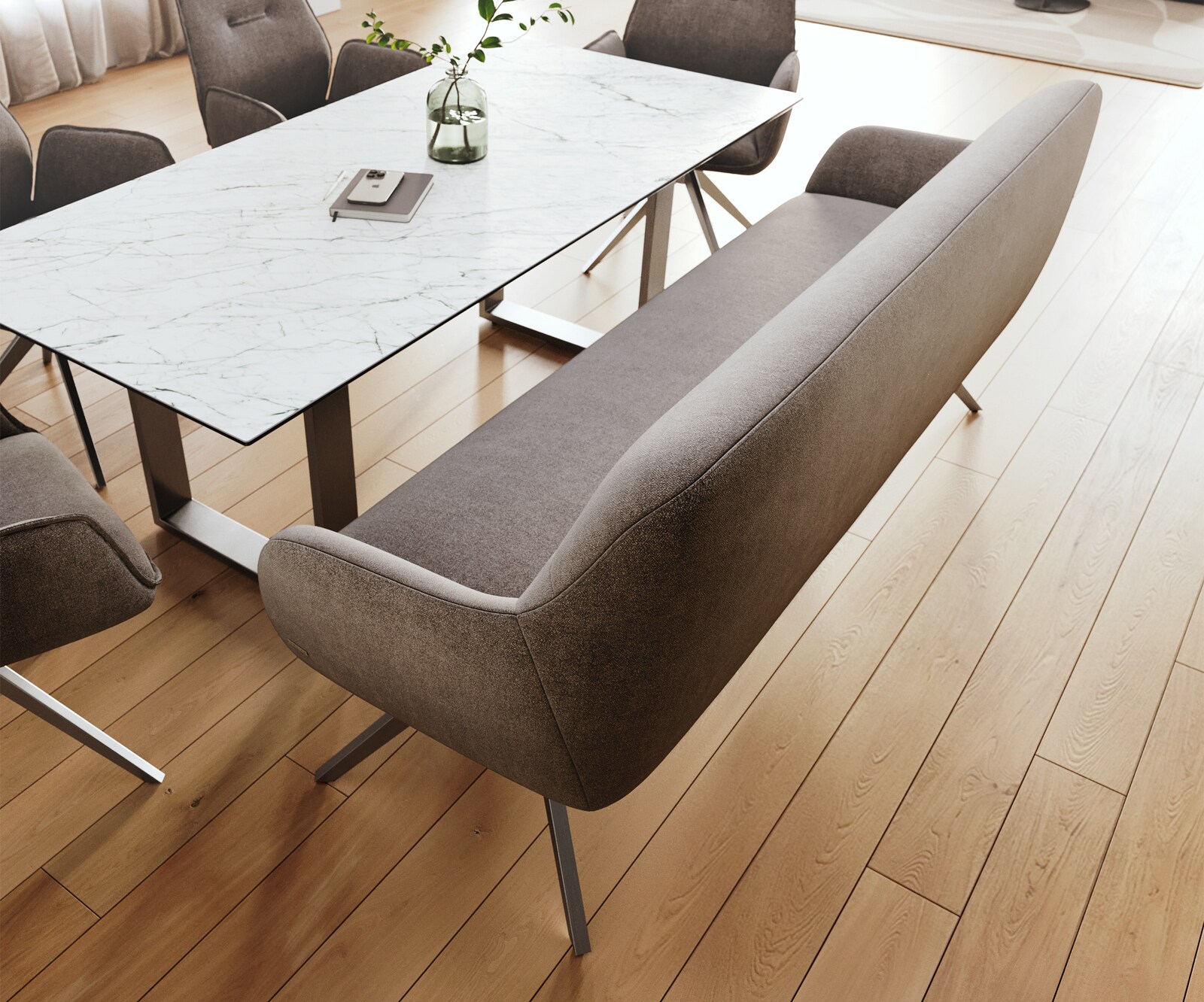 Esszimmerbank Taya-Flex 200 cm Strukturstoff Soft Taupe Kreuzgestell kantig Schwarz Taschenfederkern 3