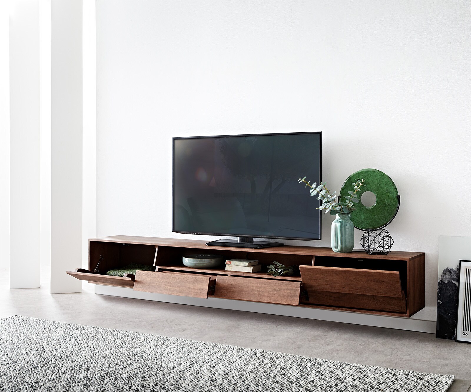 Meuble-TV Eloi 240x35 cm acacia marron 2 portes 2 tiroirs flottants 4