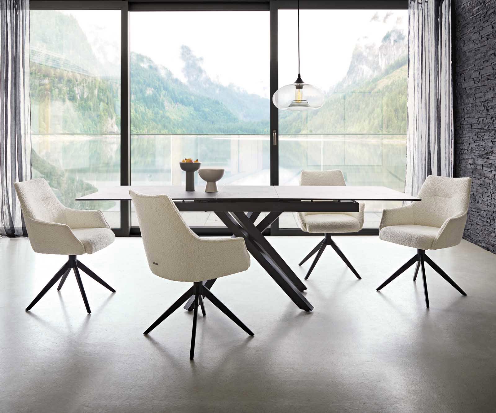 Drehstuhl Alja-Flex mit Armlehnen Bouclé Weiß Kreuzgestell breit Schwarz 360° drehbar Taschenfederkern 5 Drehstuhl Alja-Flex mit Armlehnen Bouclé Weiß Kreuzgestell breit Schwarz 360° drehbar Taschenfederkern 5