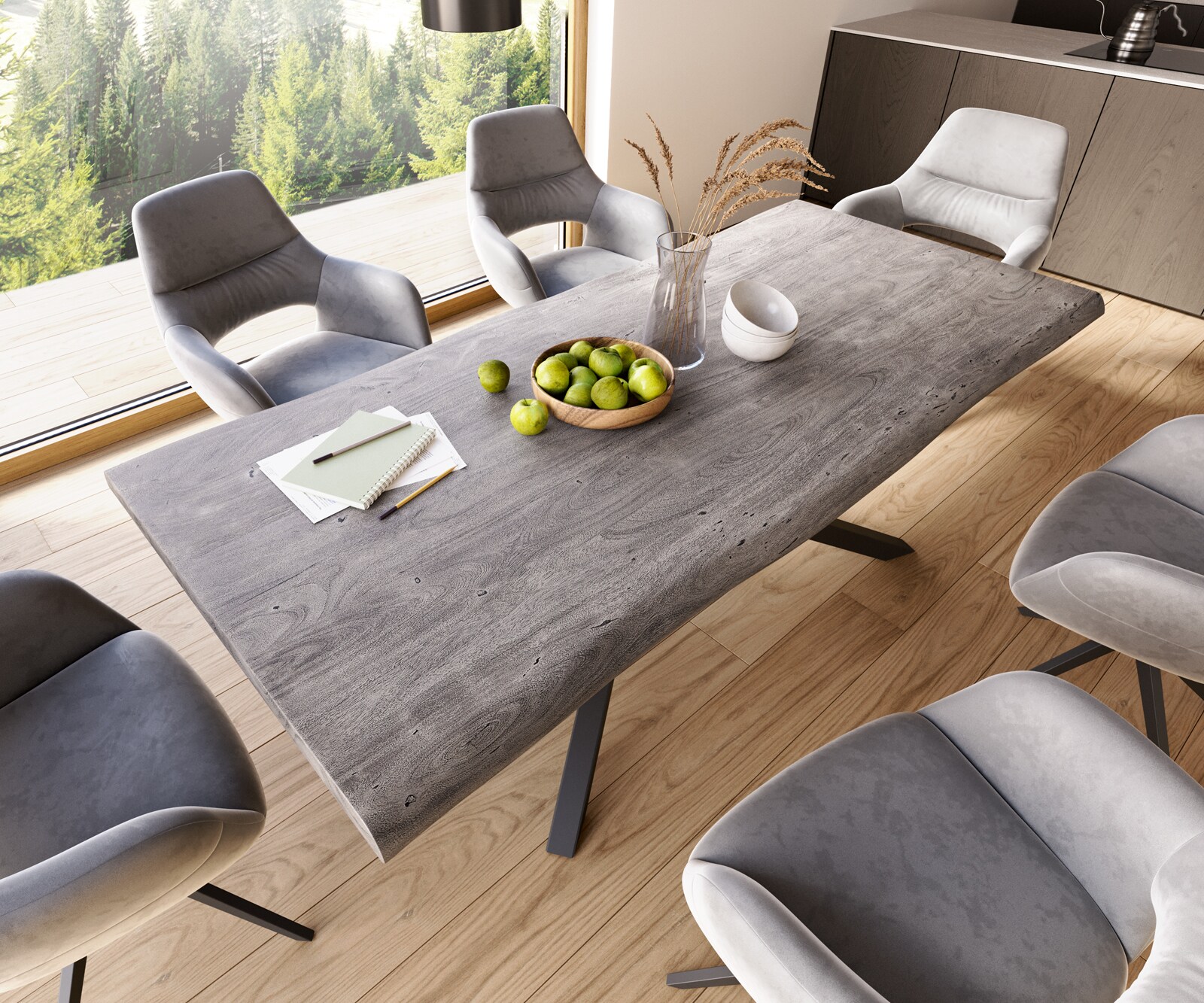 Esstisch Edge 220x100 XL Akazie Platin Kreuzgestell Rechteck Schwarz Live-Edge 3