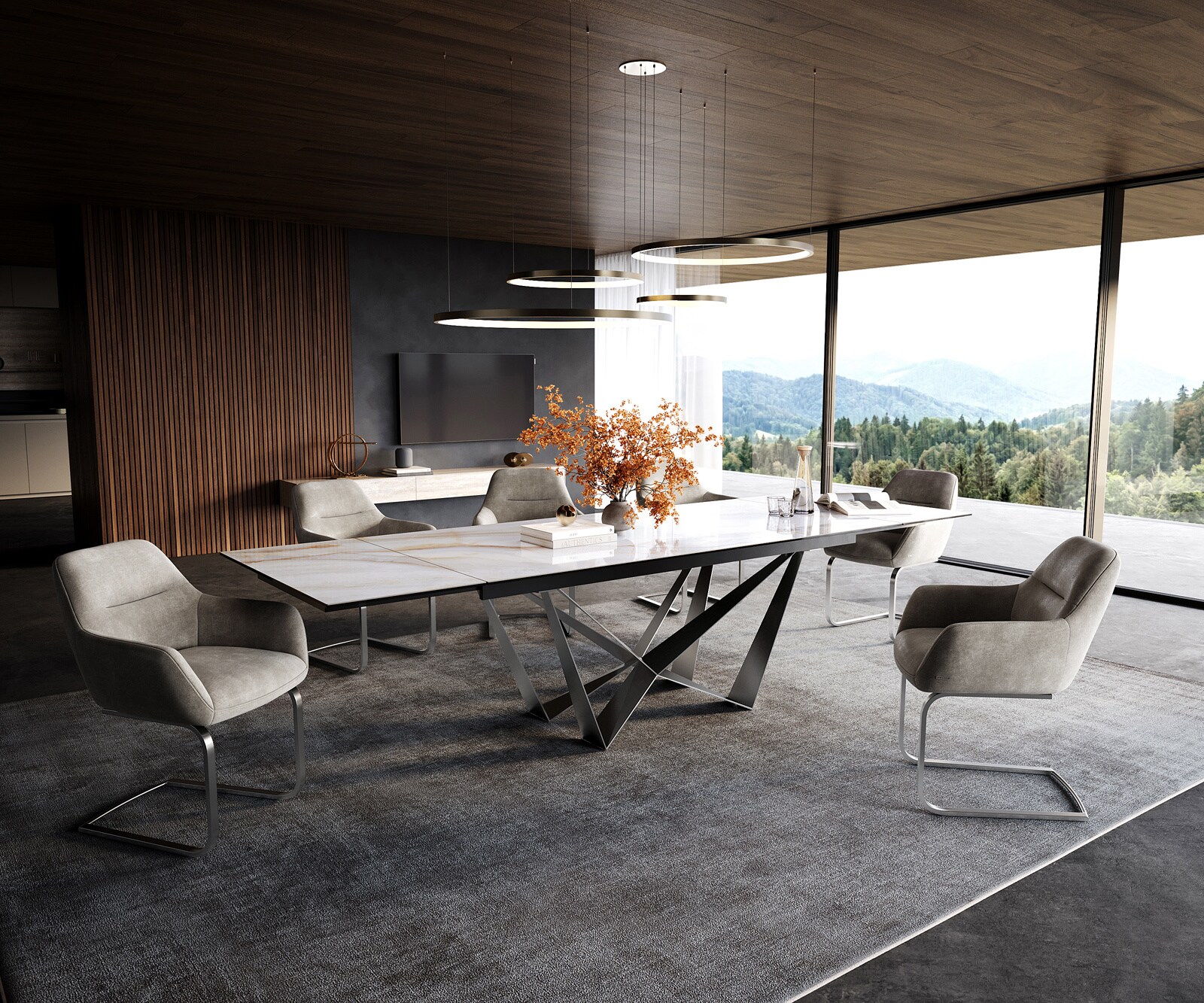 Esstisch Edge 200-300x100 cm Keramik Onyx Pearl Spider Flachstahl Edelstahl ausziehbar 5