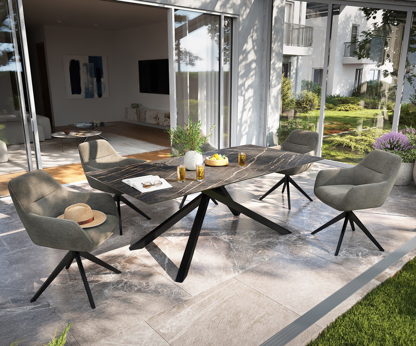Table d’extérieur Edge 200x100 cm céramique Laminam® Noir Desir brun piètement croisé rectangulaire noir