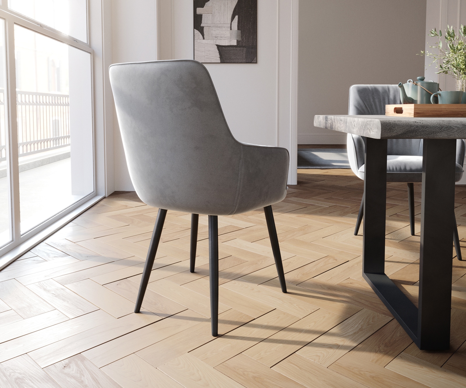 Chaise-de-salle-à-manger Zelia-Flex avec accoudoirs velours gris 4 pieds coniques noir ressorts ensachés 4 Chaise-de-salle-à-manger Zelia-Flex avec accoudoirs velours gris 4 pieds coniques noir ressorts ensachés 4