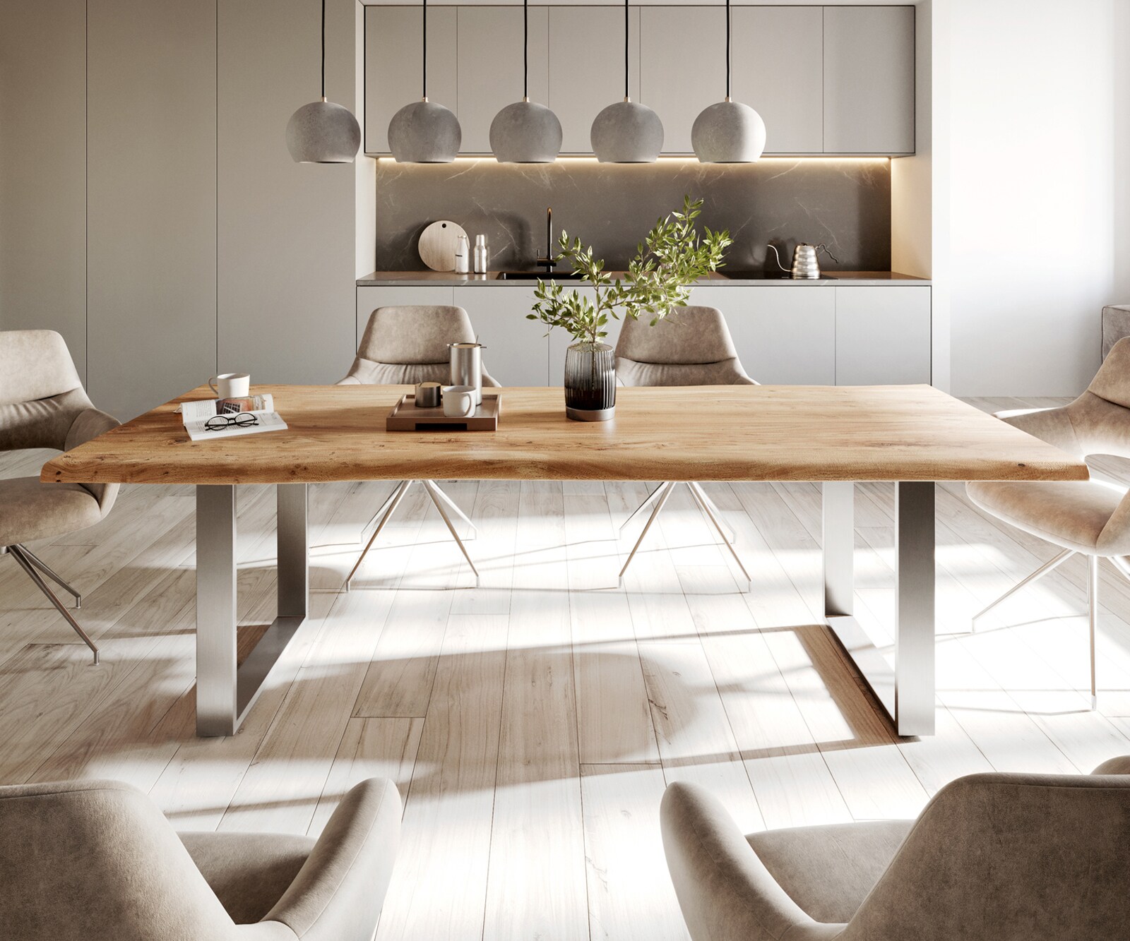 Table-à-manger Edge 240x100cm acacia nature acier inoxydable mince Live-Edge 1