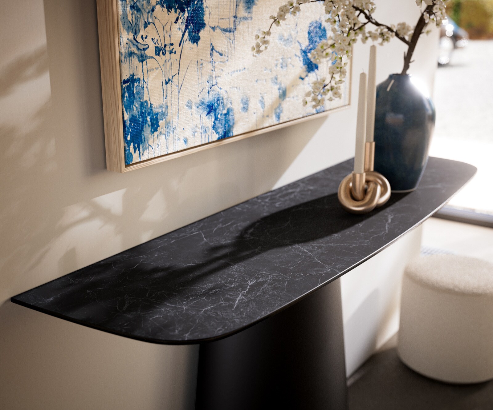 Console Edge forme bateau 140x40 cm Céramique Laminam® Nero Greco Anthrazit Conos Métal Noir 1