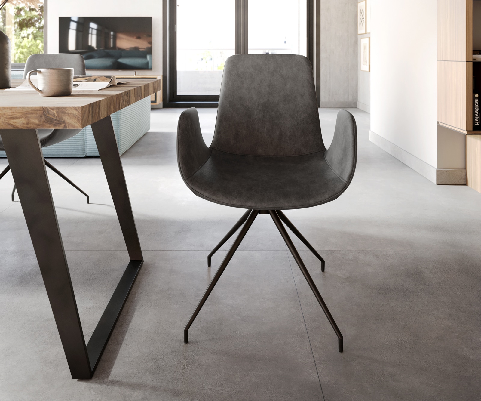 Esszimmerstuhl Ilia-Flex mit Armlehnen Mikrofaser Anthrazit Vintage Kreuzgestell konisch Schwarz 1 Esszimmerstuhl Ilia-Flex mit Armlehnen Mikrofaser Anthrazit Vintage Kreuzgestell konisch Schwarz 1
