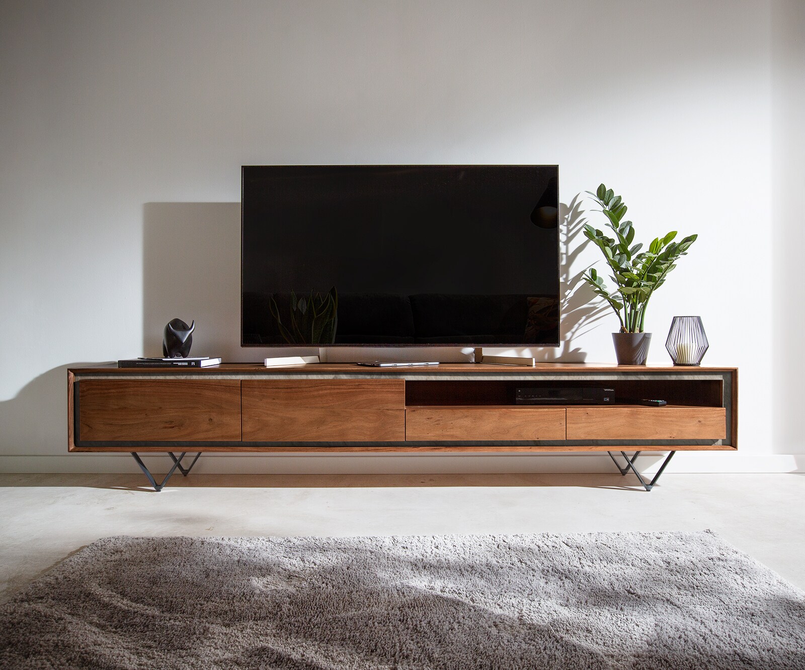 Meuble-TV Stonegrace 240 cm acacia marron plaqué pierre 2 portes 2 tiroirs 1 compartiment pied en V noir 1