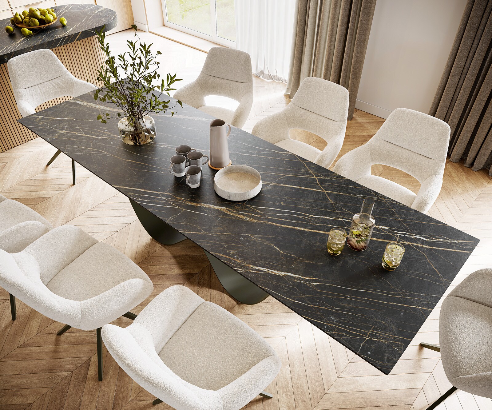 Esstisch Edge 300x100 Keramik Laminam® Noir Desir Braun Infinity Metall Effektfinish Titan 3