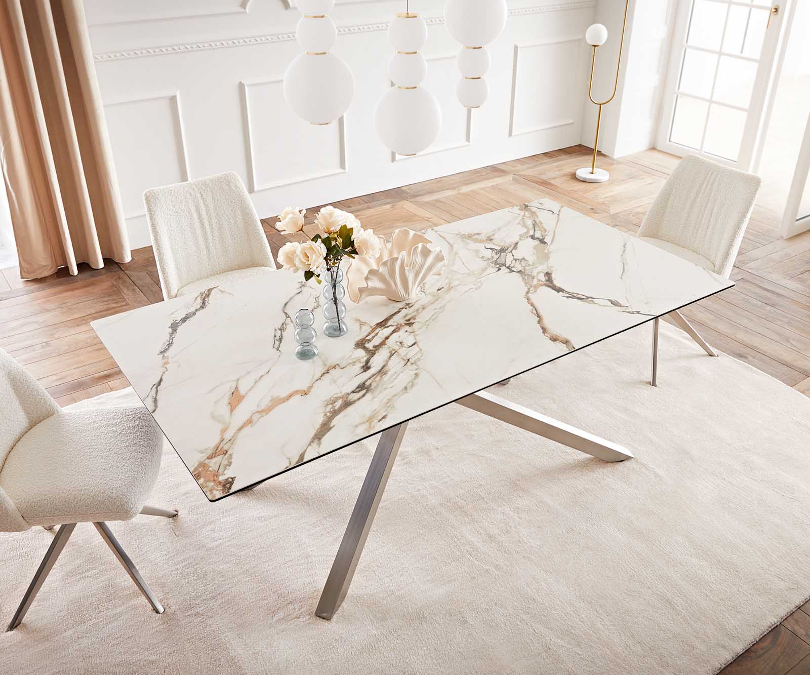 Esstisch Edge 200x100 Keramik Calacatta Luxe Weiß-Gold-Grau Kreuzgestell Rechteck Edelstahl 5