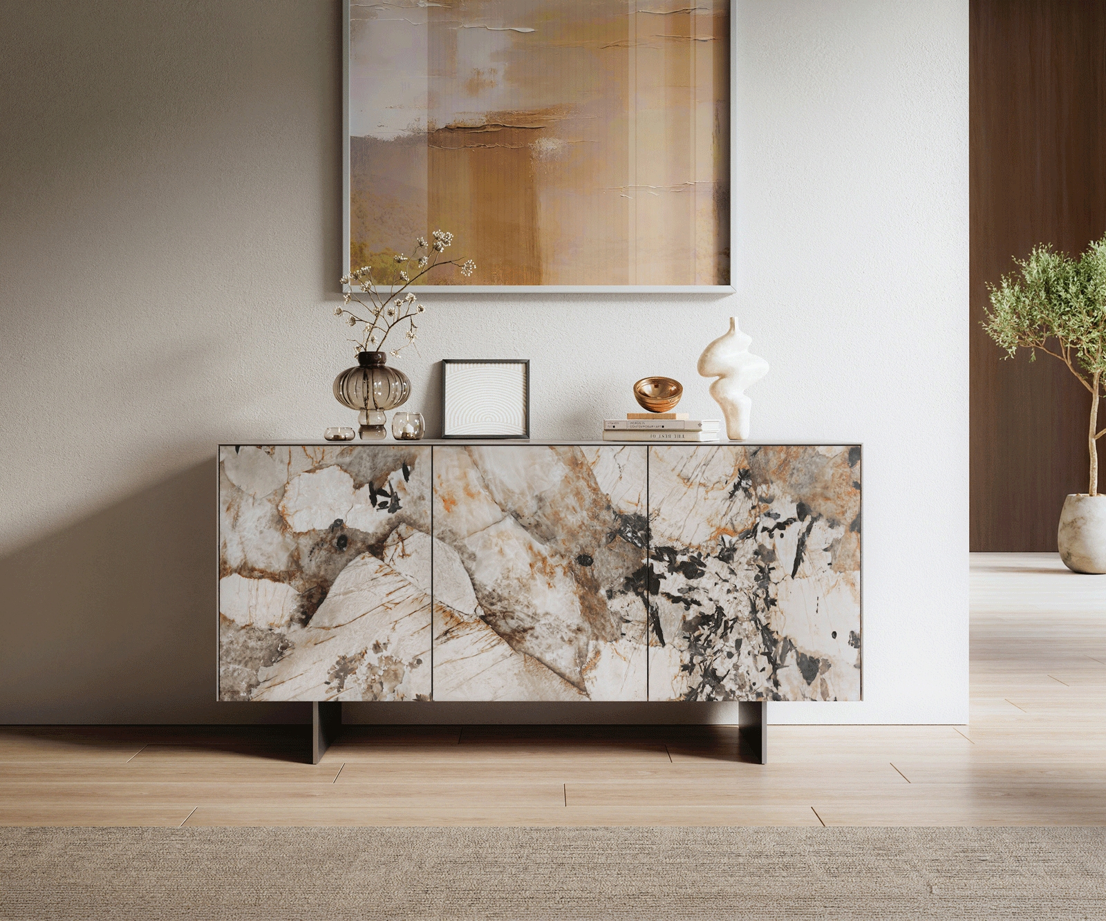 Buffet Cuor 150 cm Céramique Patagonia raffinée 3 Portes Pied optique flottant Ancier inoxydable 2