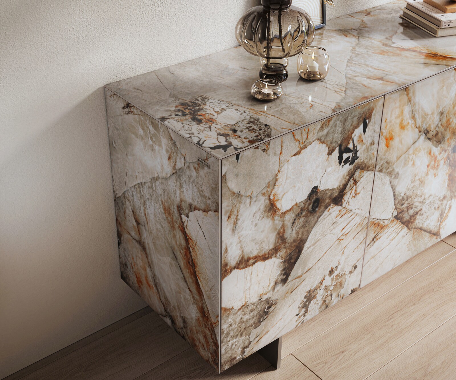 Buffet Cuor 150 cm Céramique Patagonia raffinée 3 Portes Pied optique flottant Ancier inoxydable 6