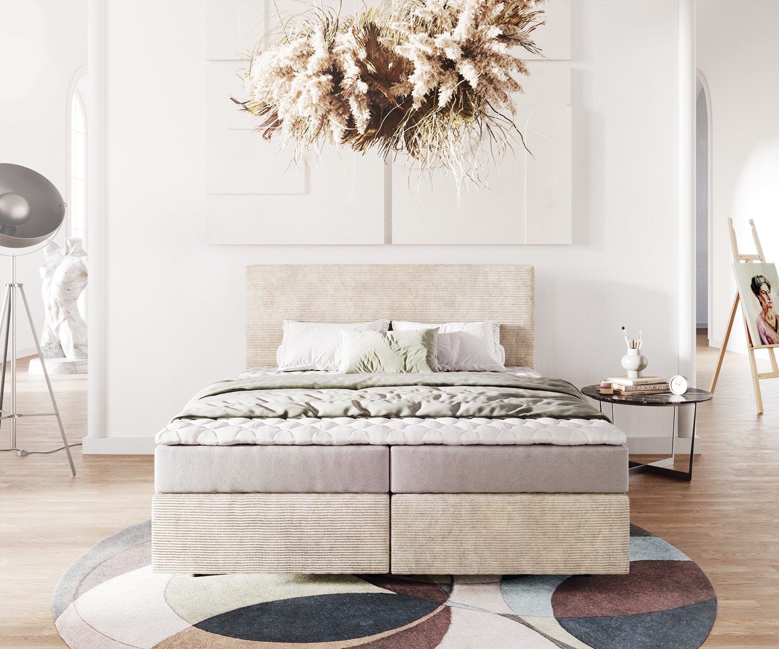 Lit-à-sommier-tapissier Dream-Well 160x200 cm Velours côtelé Beige avec matelas et surmatelas 1 Lit-à-sommier-tapissier Dream-Well 160x200 cm Velours côtelé Beige avec matelas et surmatelas 1