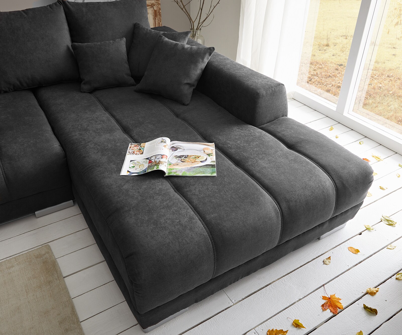 Canapé-panoramique Josea 300x220 cm microfibre noir Recamière à droite 4