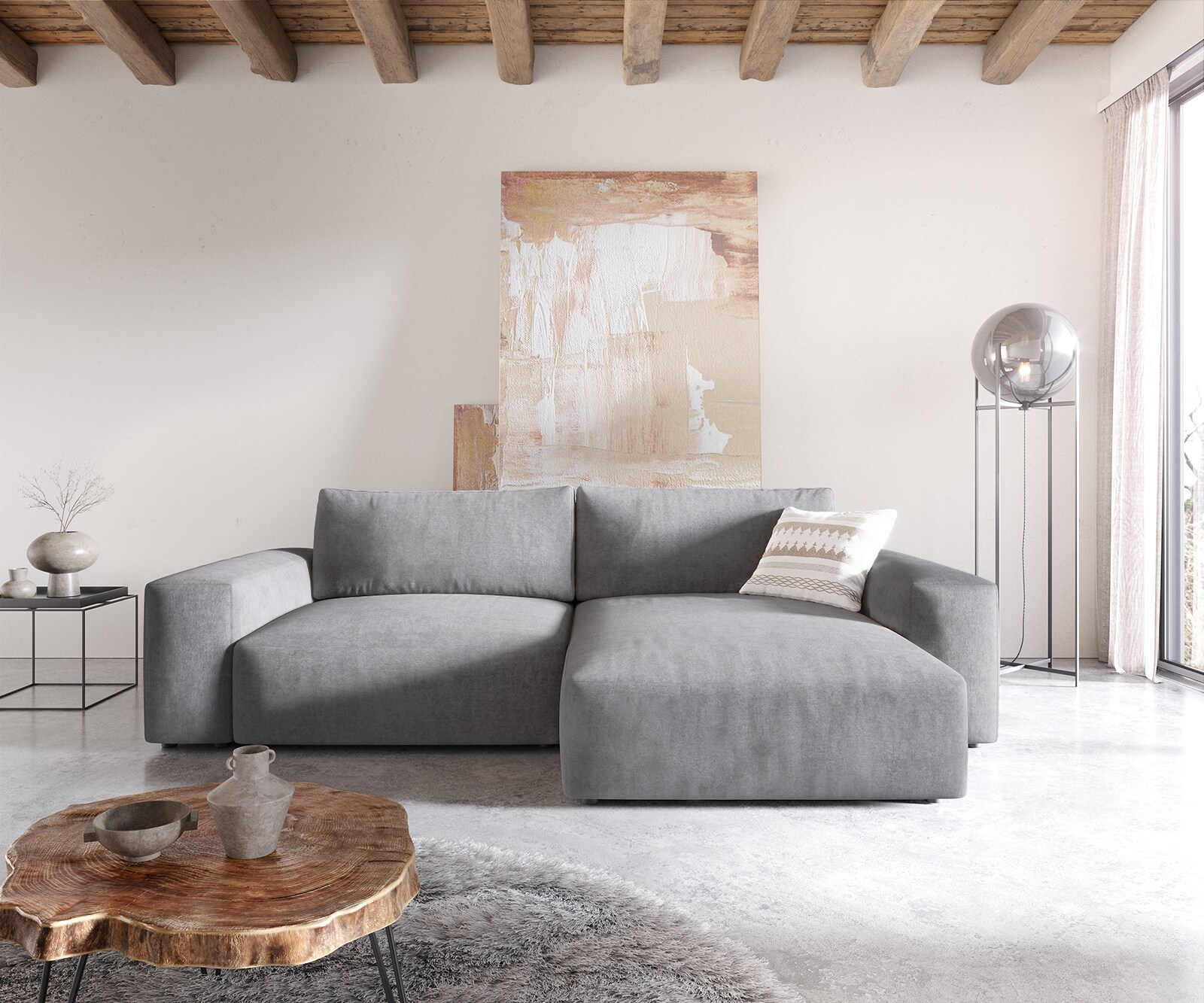 Canapé d'angle Lanzo XL 270x180 cm Microfibre Gris Recamière variable 1