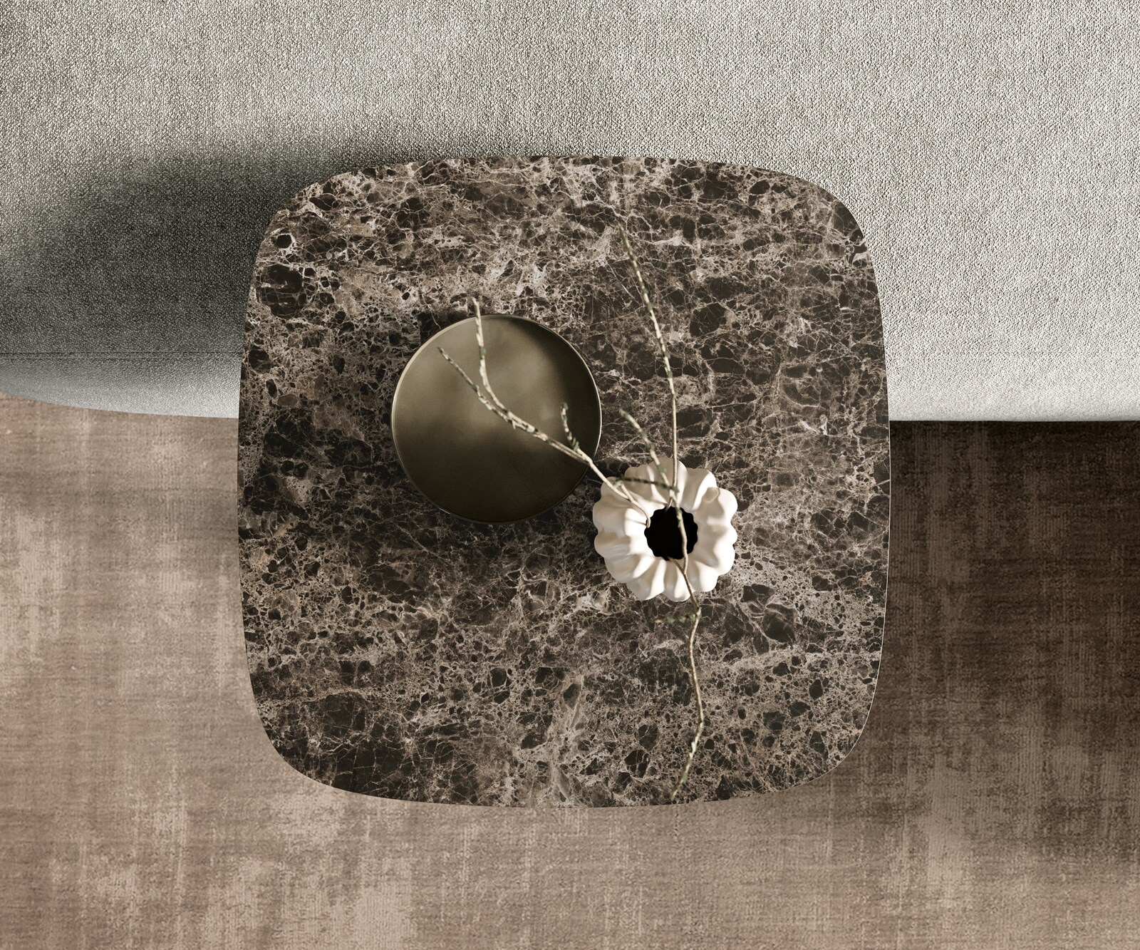 Couchtisch Edge Boot 50x50 cm Keramik Laminam® Emperador Extra Lucidato Dunkelbraun Eleny Metall Effektfinish Titan 4