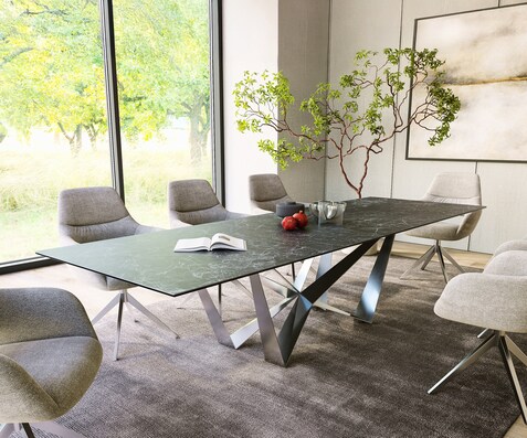 Table-à-manger Edge 300x100cm Laminam® céramique gris pieds milieu acier plat argent